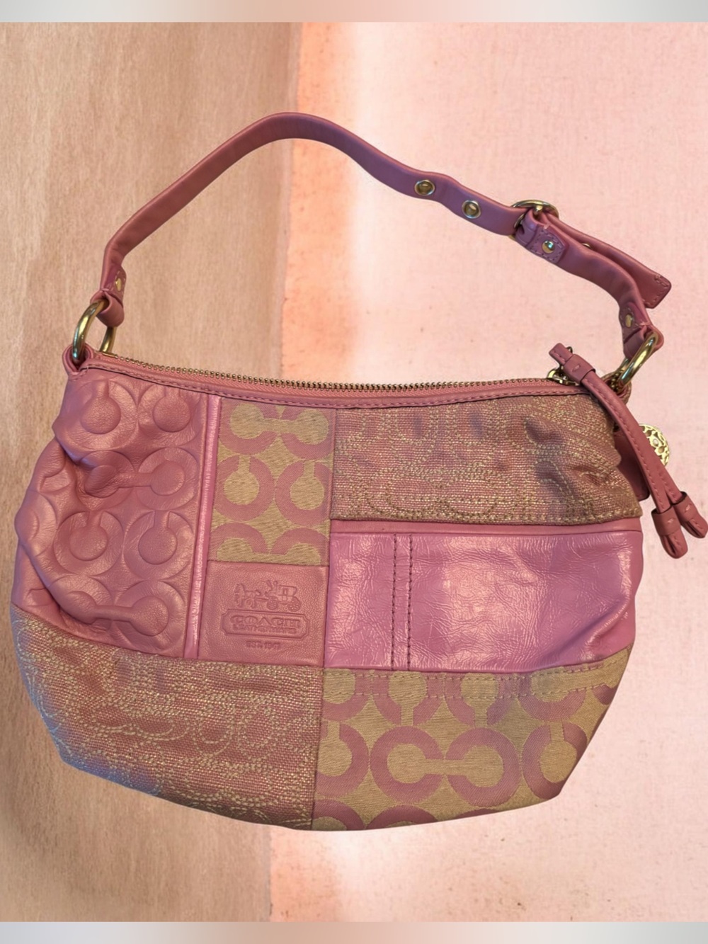 Coach Patchwork Signature Shoulder Bag in Pink and Gold 42681